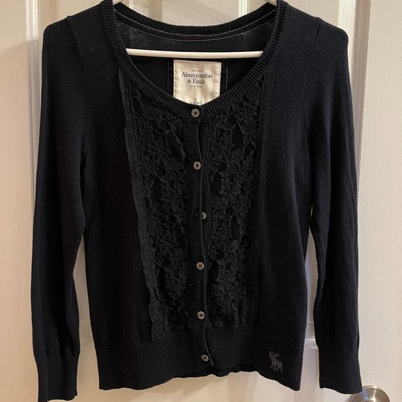 Abercrombie & Fitch Cardigan Sweater with Floral Lace - Navy - Picture 1 of 3